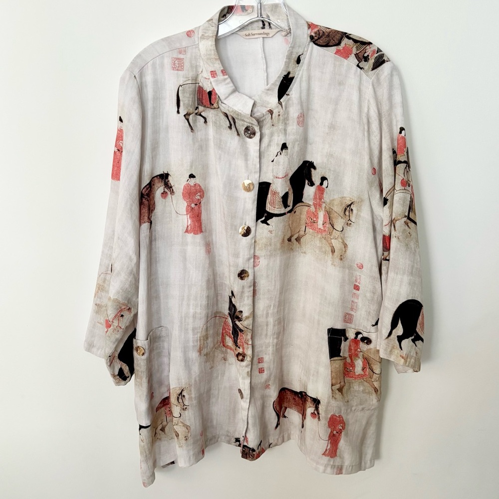 Soft Surroundings Tunic Button Down Shirt Womens 1X Horse Art Asian Equestrian